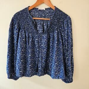 Lucky Brand Women's Peasant Top, Size L Floral Tassel Boho Blue Cottage